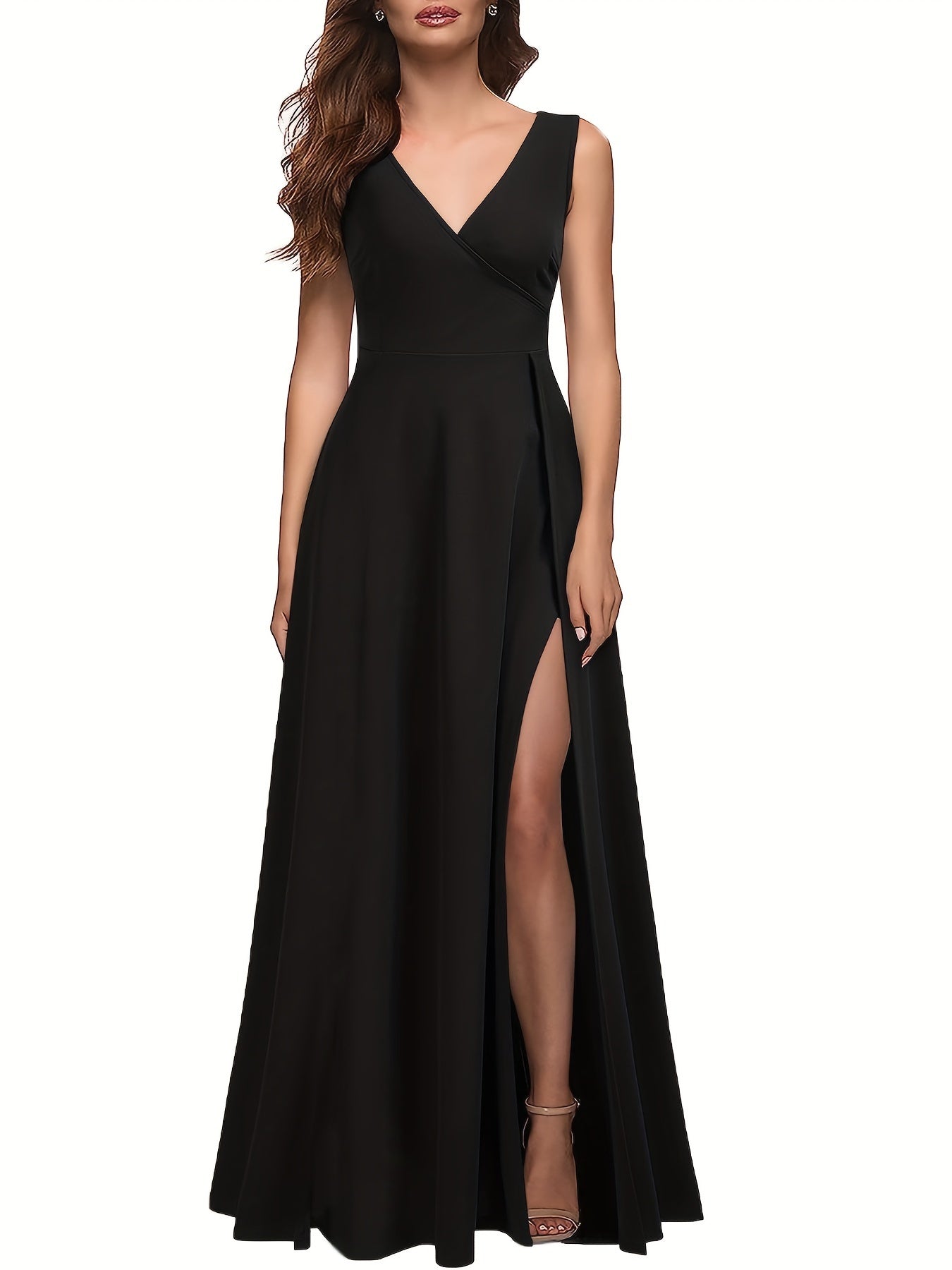 gbolsos  Solid Sleeveless Split Hem Tank Dress, Elegant V Neck Cinched Waist A-line Dress, Women's Clothing