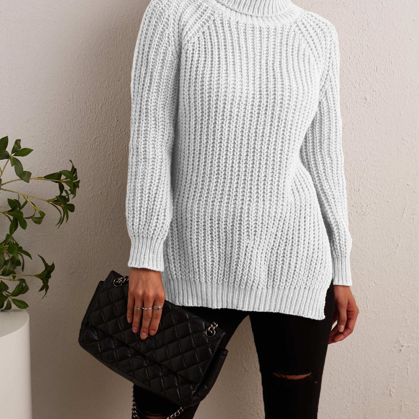 gbolsos  Solid Turtleneck Oversized Sweater, Long Sleeve Side Slit Casual Sweater, Women's Clothing