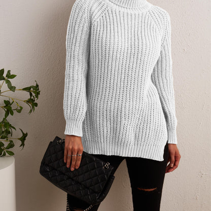 gbolsos  Solid Turtleneck Oversized Sweater, Long Sleeve Side Slit Casual Sweater, Women's Clothing