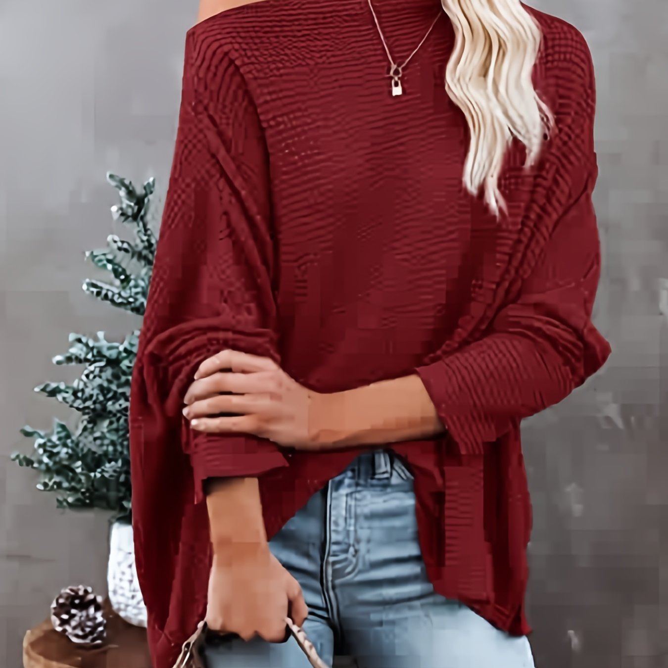 gbolsos  Women's Casual Off Shoulder Bat Long Sleeve Waffle Knitted Oversized Pullover Sweater, Casual Tops For Fall & Winter, Women's Clothing