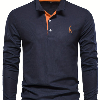 gbolsos  Men's Solid Giraffe Embroidery Long Sleeve Tennis Shirts, Slight Stretch All-match Fashion Men's Top