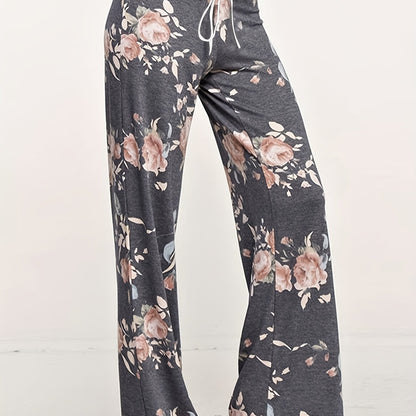 Loose Wide Leg Pants, Casual Yoga Low Waist Solid Floral Print Summer Comfy Pants, Women's Clothing
