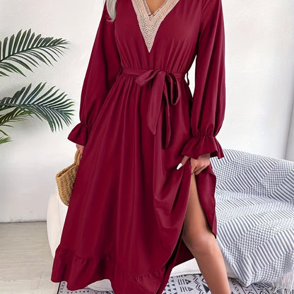 gbolsos  Guipure Lace Ruched Dress, Casual V Neck Long Sleeve Ruffle Hem Dress, Women's Clothing