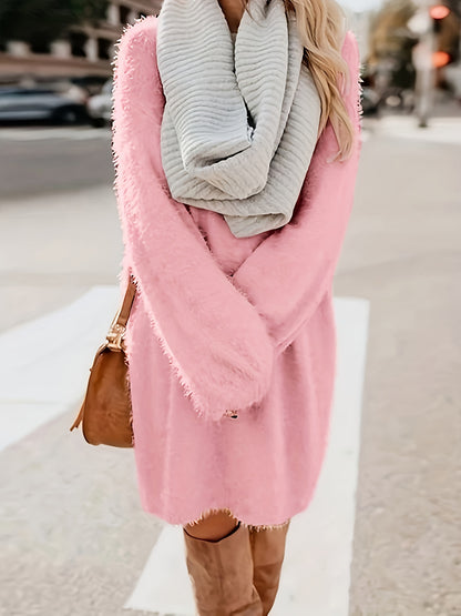 Fuzzy Solid Midi Dress, Casual Crew Neck Long Sleeve Dress, Women's Clothing