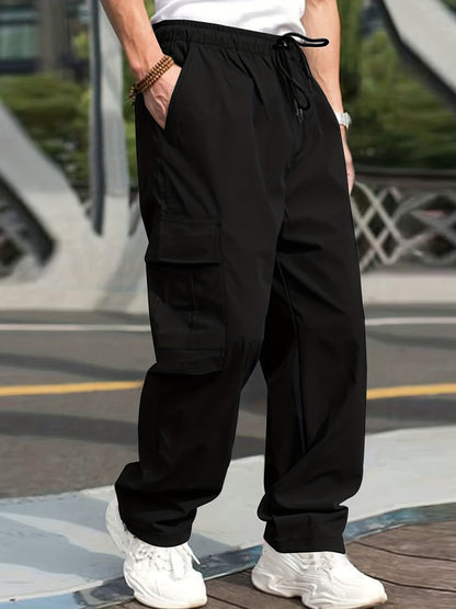 gbolsos  Trendy Solid Cargo Pants, Men's Multi Flap Pocket Trousers, Loose Casual Outdoor Baggy Pants, Men's Work Pants Outdoors Streetwear Hip Hop Style