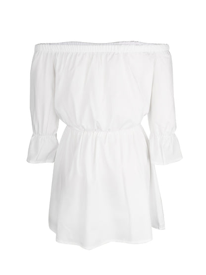 gbolsos  Solid Off Shoulder Lantern Sleeve Dress, Casual Summer Pleated Mini Dress, Women's Clothing