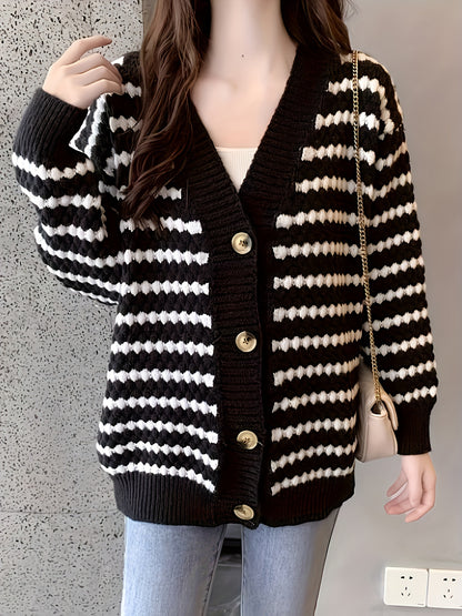 gbolsos  Striped Button Down Knit Cardigan, Casual Long Sleeve Drop Shoulder Slouchy Sweater, Women's Clothing