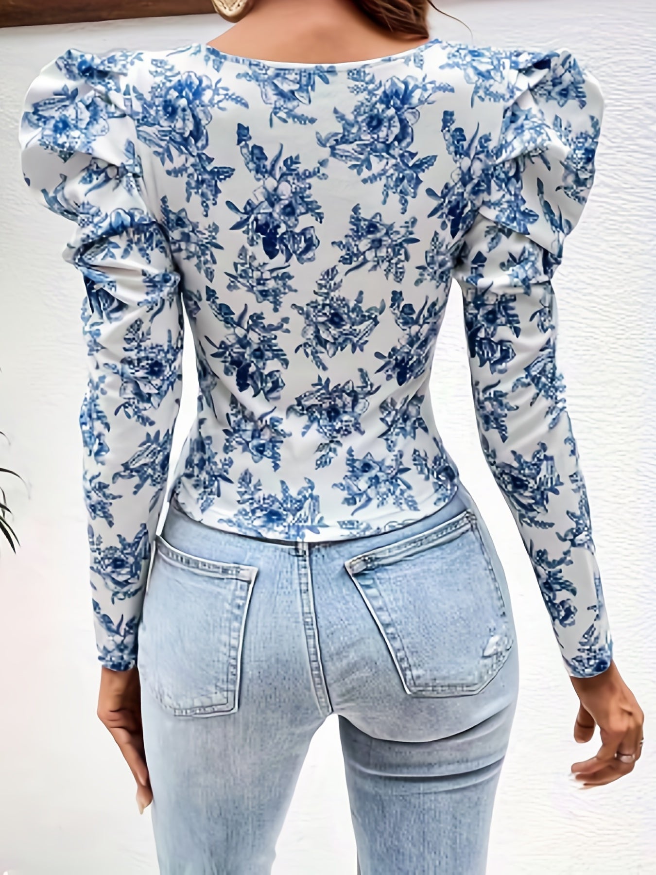 gbolsos  Floral Print Square Neck T-Shirt, Casual Long Puff Sleeve Top For Spring & Fall, Women's Clothing