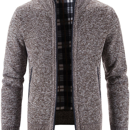 gbolsos  Warm Stand Collar Fleece Jacket, Men's Semi-formal Comfortable Solid Color Zip Up Knitted Cardigan For Spring Fall