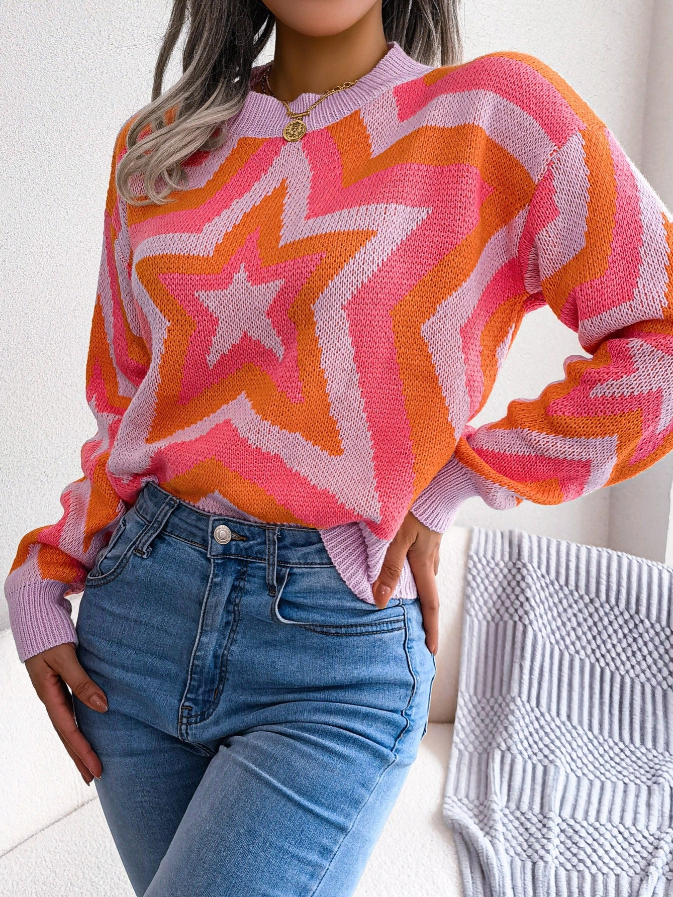 2025 gbolsos  Women's Sweater Drop Shoulder Crew Neck Colorblock Star Print Pullover Sweater