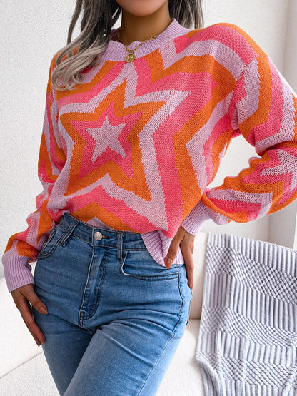 2025 gbolsos  Women's Sweater Drop Shoulder Crew Neck Colorblock Star Print Pullover Sweater