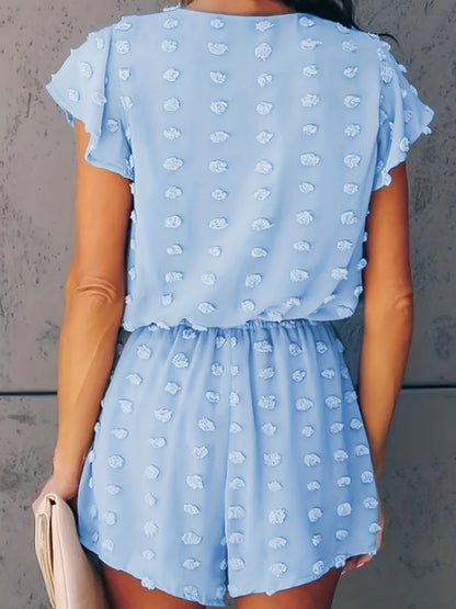 gbolsos  Swiss Dot Surplice Neck Romper, Casual Solid Short Sleeve Slim Waist Romper, Women's Clothing