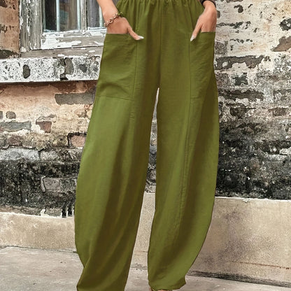 gbolsos  Boho Solid Elastic Waist Harem Pants, Casual Long Length Baggy Pants With Pockets For Spring & Summer, Women's Clothing