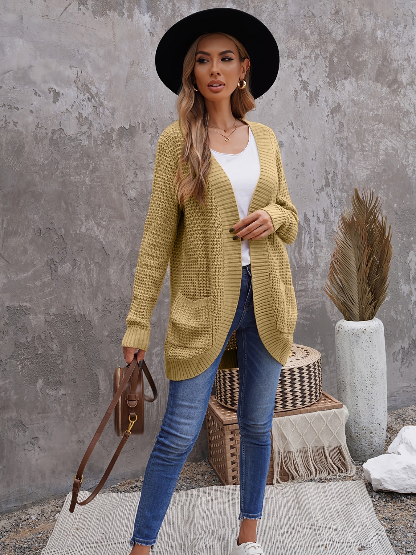 2025 gbolsos  V-neck Solid Loose Pocket Cardigans, Casual Long Sleeve Fall Winter Knit Cardigan, Women's Clothing