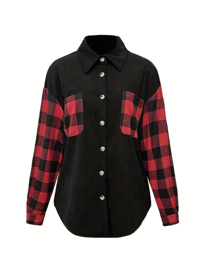 gbolsos  Plaid Print Splicing Shirt, Casual Button Front Long Sleeve Shirt, Women's Clothing