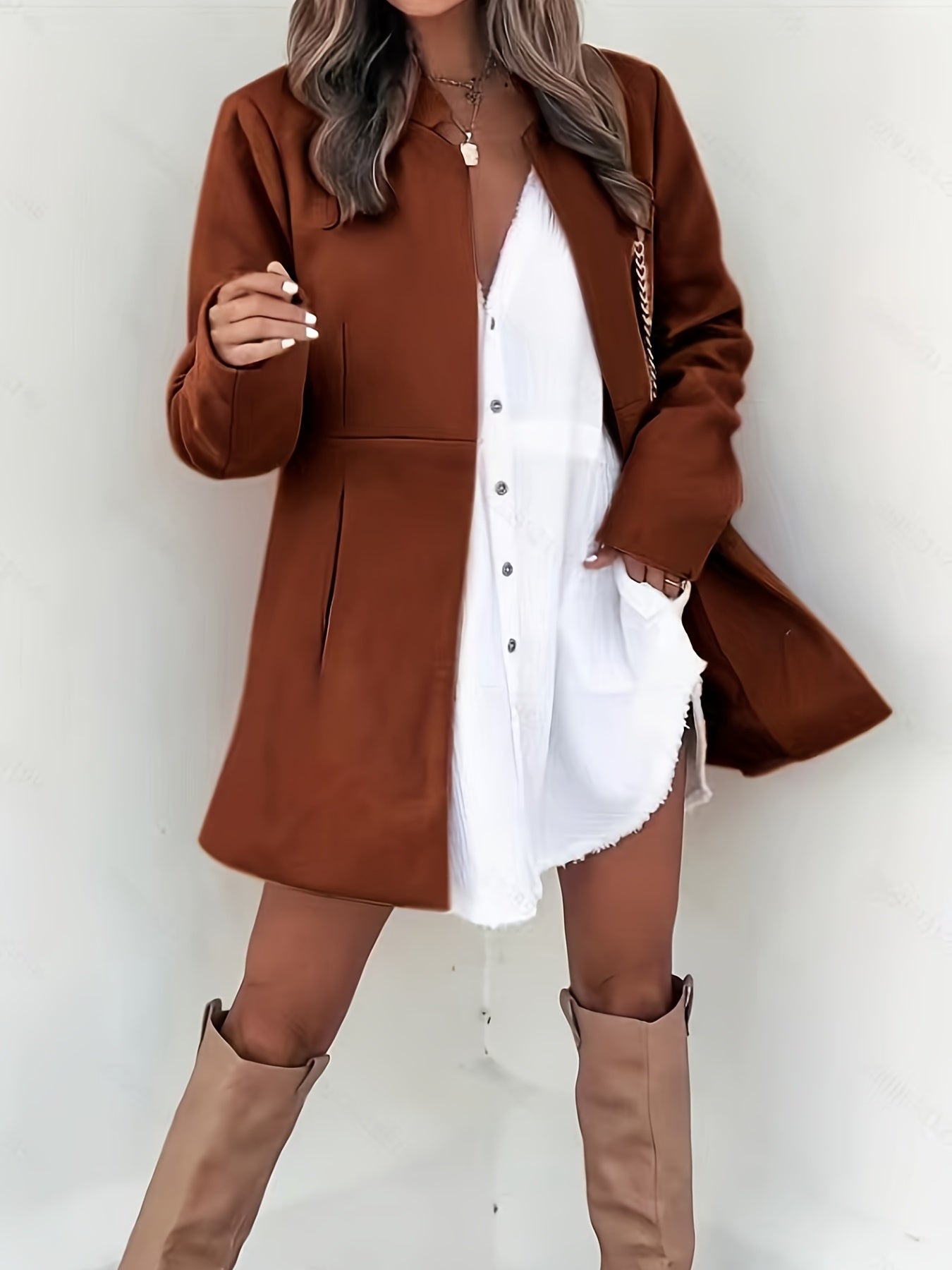 Solid Stand Collar Blazer, Elegant Open Front Long Sleeve Outerwear With Pocket, Women's Clothing