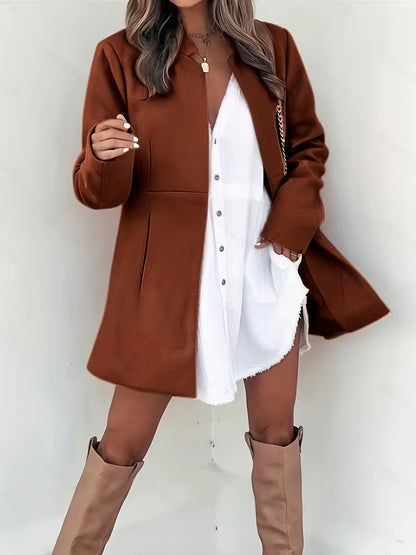 Solid Stand Collar Blazer, Elegant Open Front Long Sleeve Outerwear With Pocket, Women's Clothing