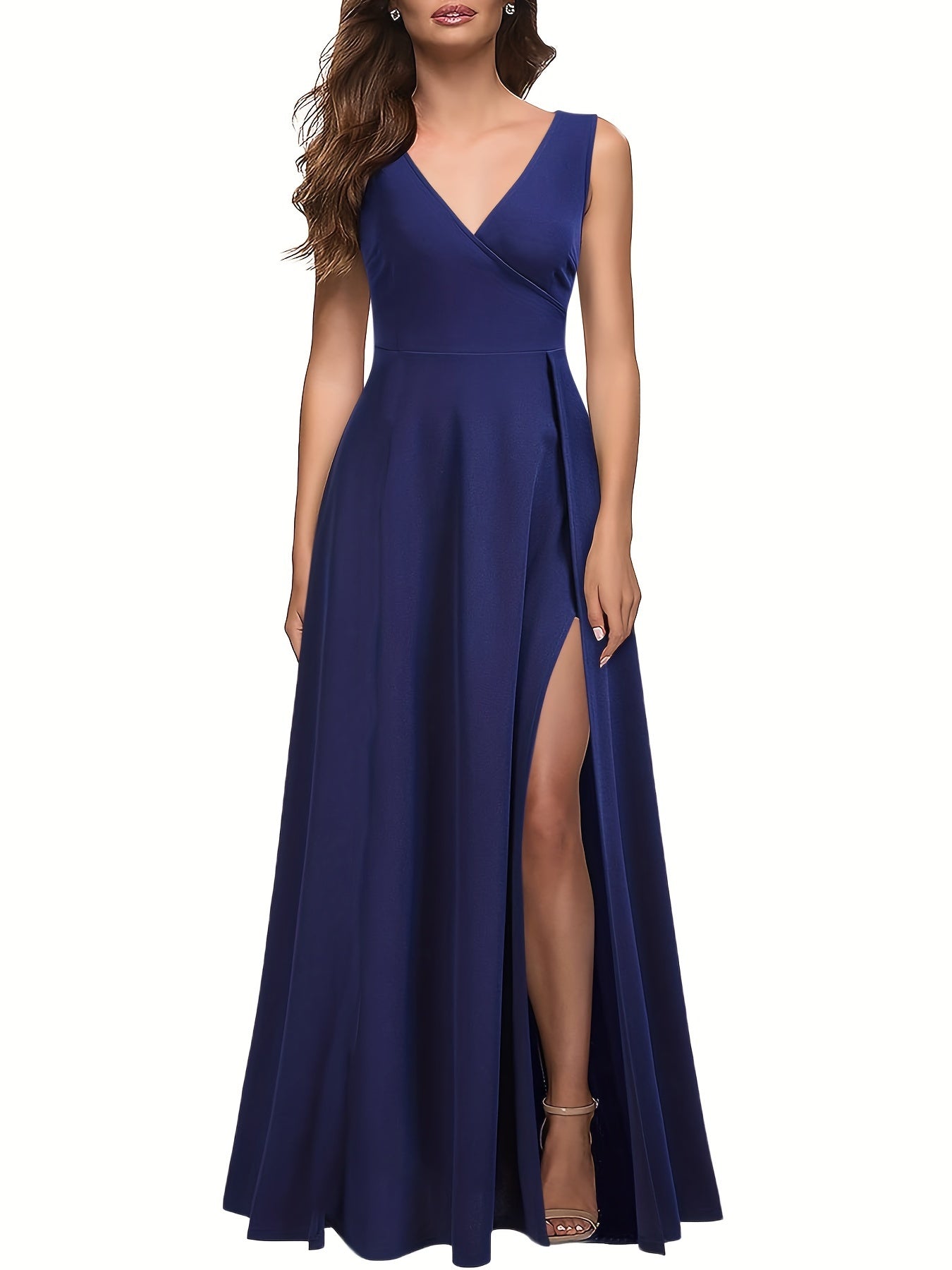 gbolsos  Solid Sleeveless Split Hem Tank Dress, Elegant V Neck Cinched Waist A-line Dress, Women's Clothing