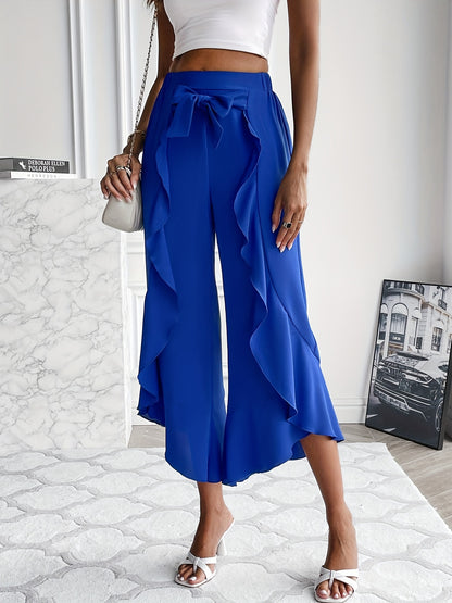 gbolsos  Tie Front Irregular Ruffle Trim Pants, Casual Loose Pants For Spring & Fall, Women's Clothing