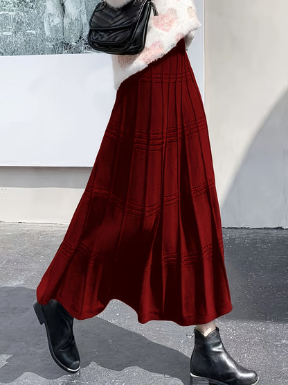 gbolsos  Solid Color Knit Tucked Skirt, Casual Ankle Length Skirt For Fall & Winter, Women's Clothing