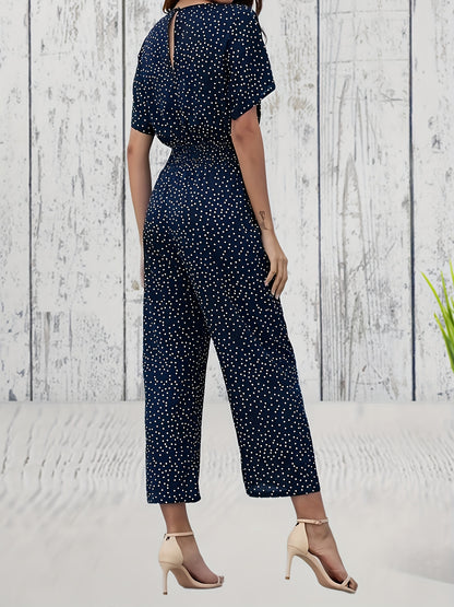 gbolsos  Pin Dot Print Cropped Jumpsuit, Casual V Neck Short Sleeve Wide Leg Jumpsuit, Women's Clothing