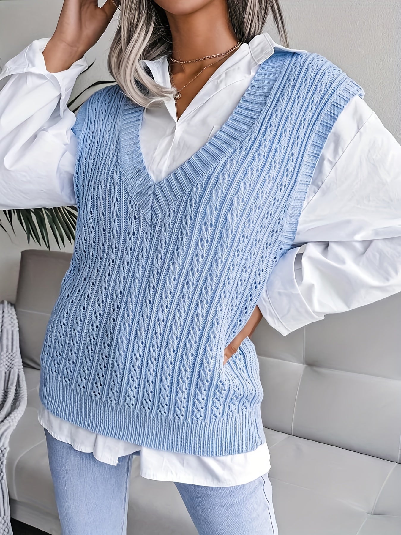 gbolsos   Plus Size Casual Sweater Vest, Women's Plus Solid V Neck High Stretch Knitted Sweater Vest