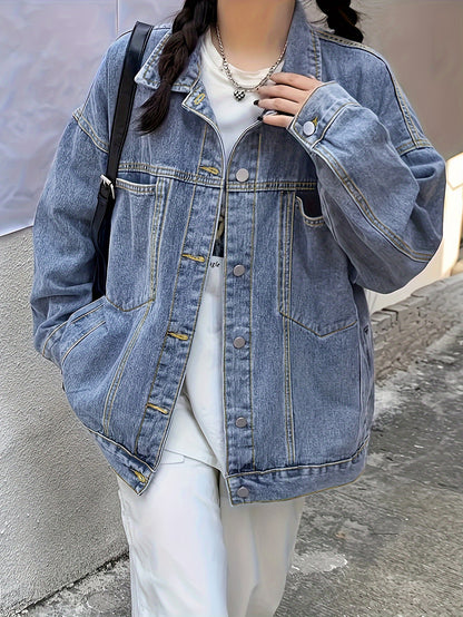 gbolsos  Plain Loose Fit Denim Jackets, Patch Pockets Long Sleeves Lapel Versatile Denim Coats, Women's Denim Clothing