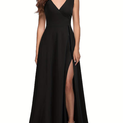 gbolsos  Solid Sleeveless Split Hem Tank Dress, Elegant V Neck Cinched Waist A-line Dress, Women's Clothing