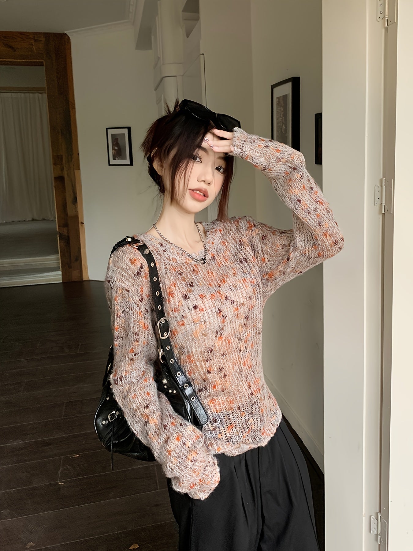 gbolsos  Colorful Dot Crew Neck Pullover Sweater, Casual Tied Back Long Sleeve Thin Knit Sweater, Women's Clothing