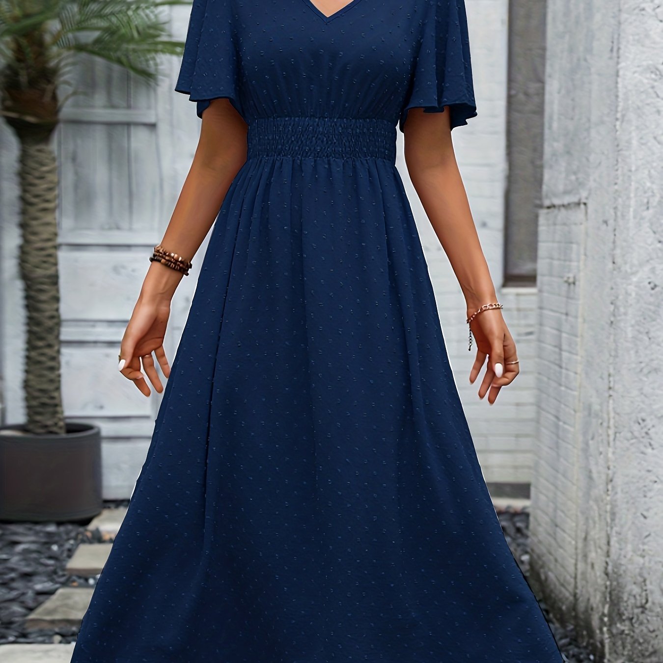 gbolsos  Swiss Dot Flutter Sleeve Dress, Elegant Shirred Waist V-neck Dress For Spring & Summer, Women's Clothing