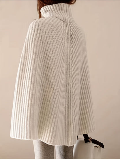 Cape Sleeve Turtle Neck Sweater, Elegant Ribbed Knit Sweater For Fall & Winter, Women's Clothing