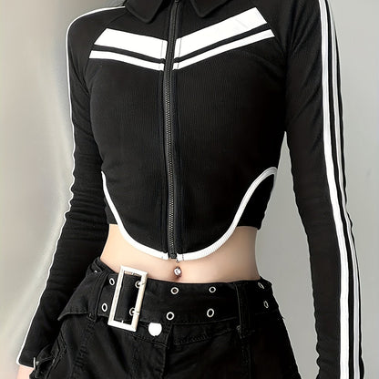 kkboxly  Colorblock Ribbed Zip Front Crop T-Shirt, Y2K Long Sleeve Top For Spring & Fall, Women's Clothing