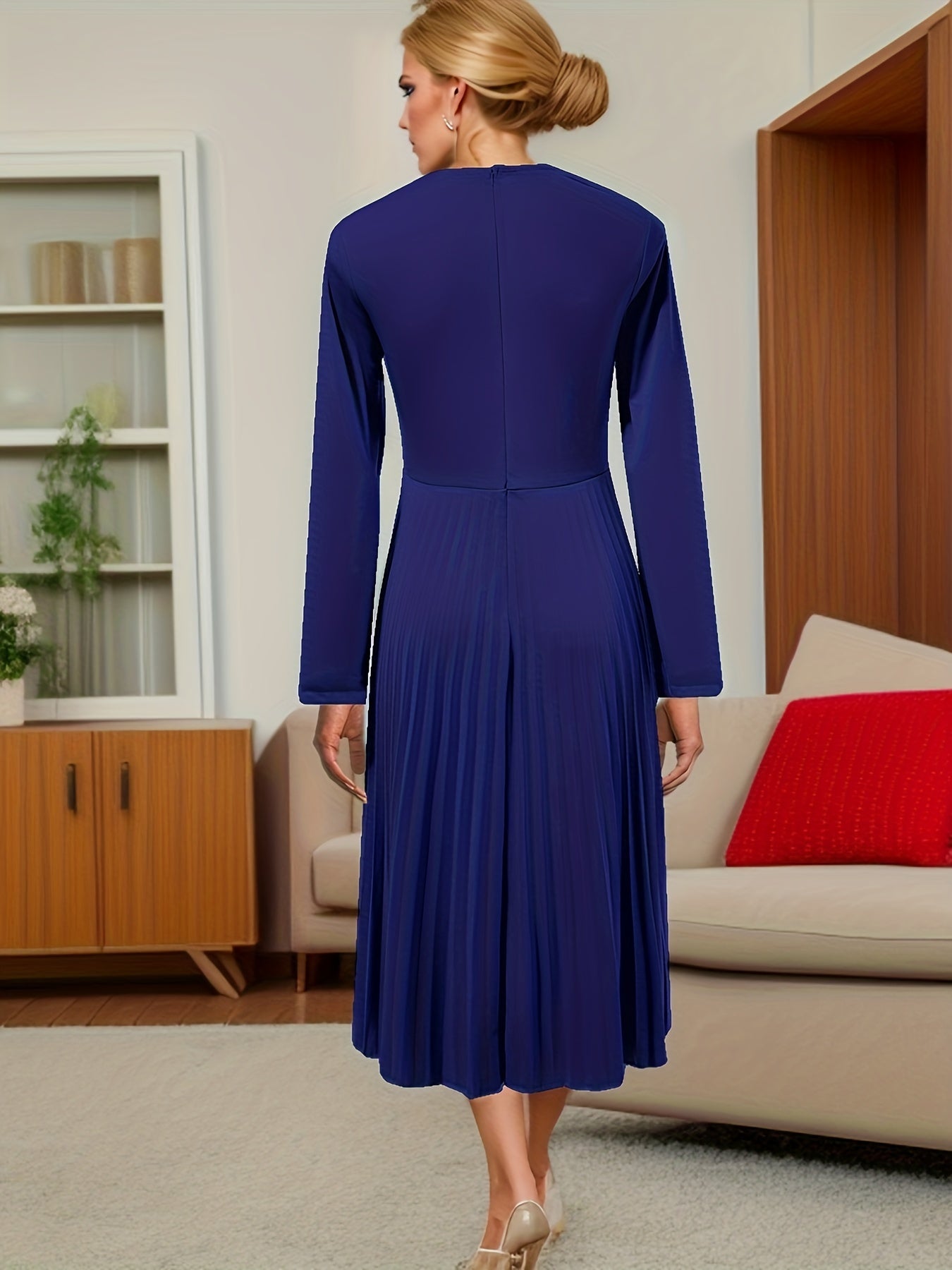 gbolsos  Solid Pleated Dress, Elegant Notched Neck Long Sleeve Tucked Dress, Women's Clothing