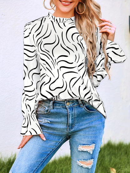 gbolsos  Abstract Ripple Print Stand Collar Blouse, Casual Long Sleeve Blouse, Women's Clothing