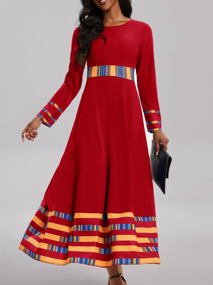gbolsos  Striped & Color Block Ankle Dress, Casual Crew Neck Long Sleeve Dress, Women's Clothing