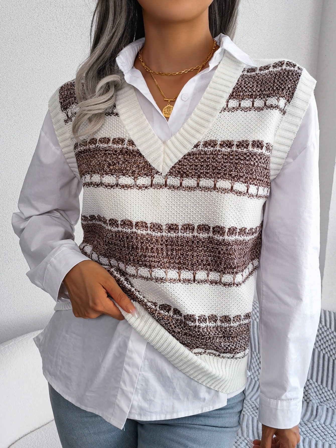 2025 gbolsos  Women's Sweater Colorblock V Neck Sweater Vest