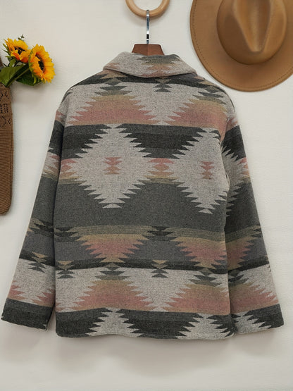 gbolsos  Aztec Pattern Button Up Jacket, Vintage Long Sleeve Pockets Spring & Fall Outerwear, Women's Clothing