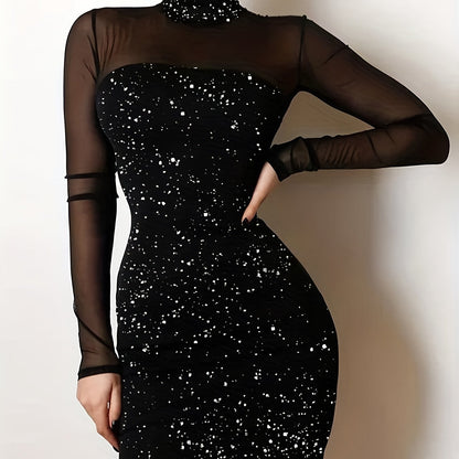 gbolsos  Sheer Splicing Dress, Sexy Solid High Collar Long Sleeve Bodycon Evening Dress, Women's Clothing