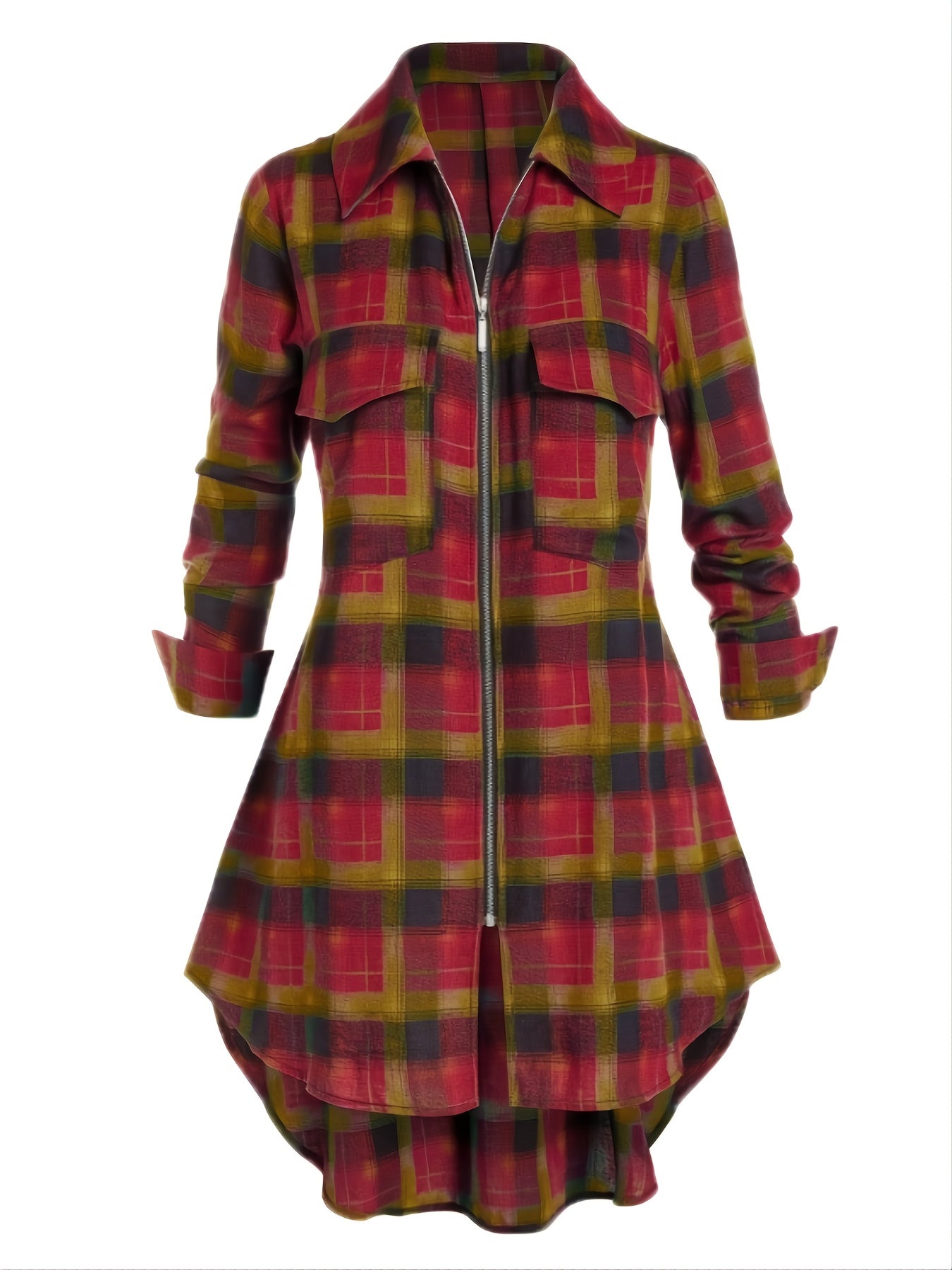 gbolsos  Plus Size Zip Up Plaid Pattern Long Sleeve Longline Shirt, Women's Plus Lapel Collar Casual Longline Blouse