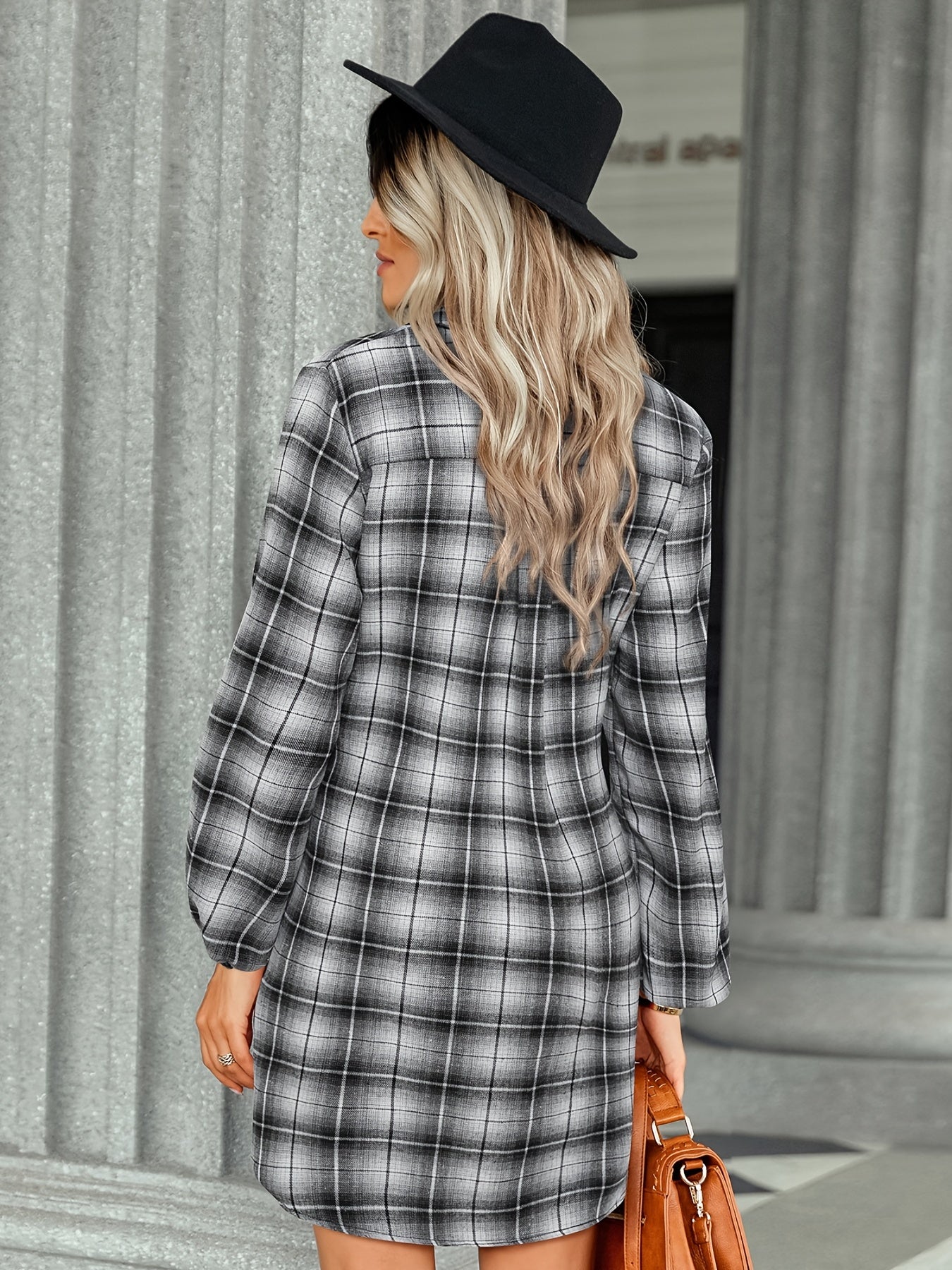gbolsos  Preppy Stylish Plaid Belted Dress, Button Down Long Sleeve Dress, Casual Every Day Dress, Women's Clothing