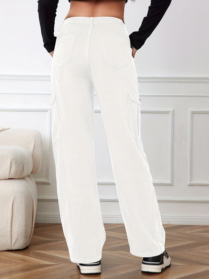 gbolsos Plain White Side Flap Pocket Cargo Jeans, High Rise Casual Loose Fit Denim Pants, Women's Denim Jeans & Clothing