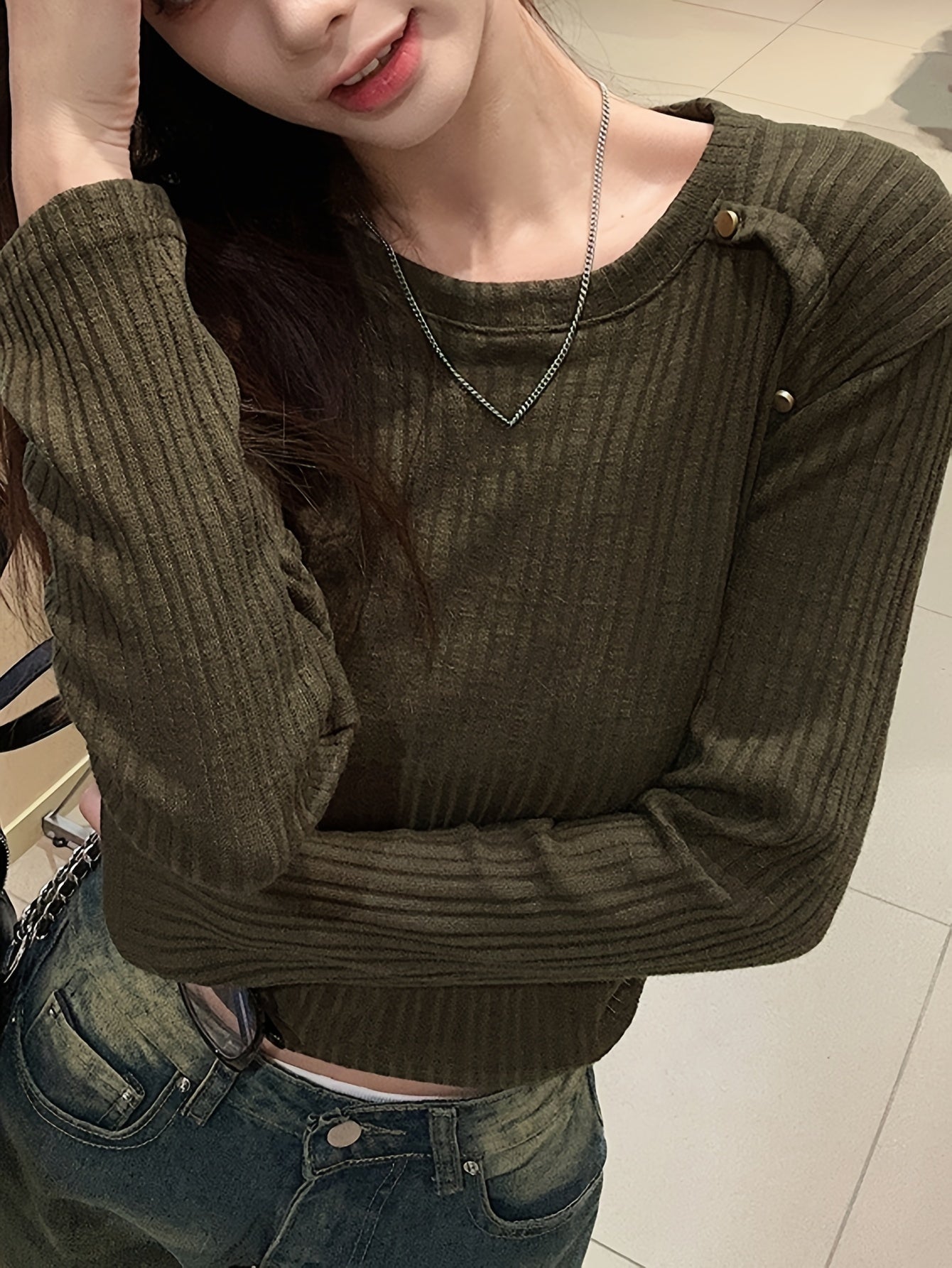 gbolsos Solid Crew Neck Rib Knit Top, Casual Long Sleeve Slim Crop Sweater For Spring & Fall, Women's Clothing