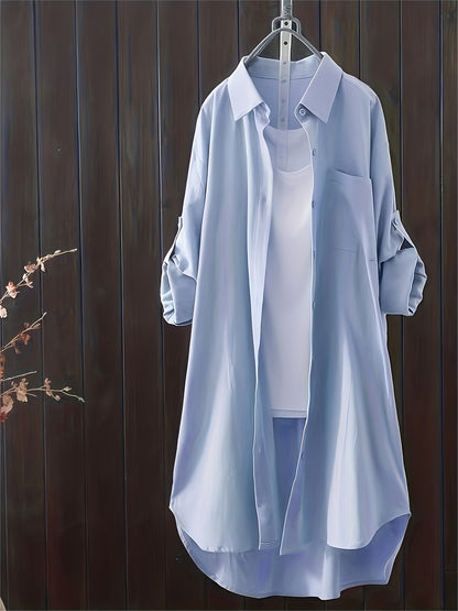 gbolsos  Solid Patched Pocket Simple Shirt, Versatile Long Sleeve Button Front Shirt, Women's Clothing