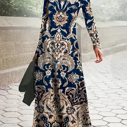 Plus Size Boho Dress, Women's Plus Floral Print Long Sleeve Round Neck High Stretch Maxi Dress