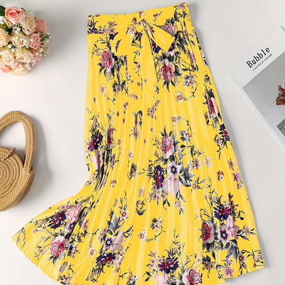 Vintage Floral Print Skirts, Elegant Pleated Tie Waist Daily Skirts, Women's Clothing