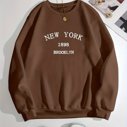 New York Brooklyn Print Loose Sweatshirt, Casual Long Sleeve Crew Neck Sweatshirt, Women's Clothing