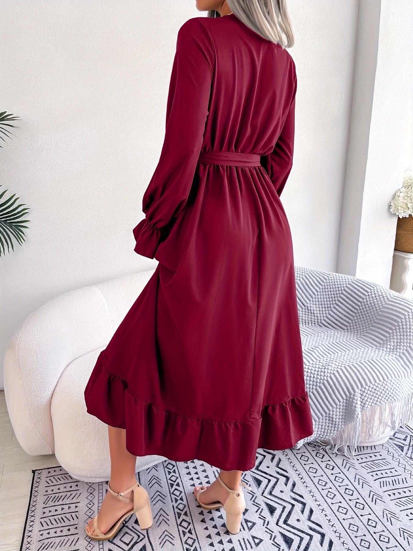 2025 gbolsos  Long Sleeve Tie Waist Dress, Lace Trim Ruffle Hem V Neck Dress, Casual Dress For Fall & Spring, Women's Clothing