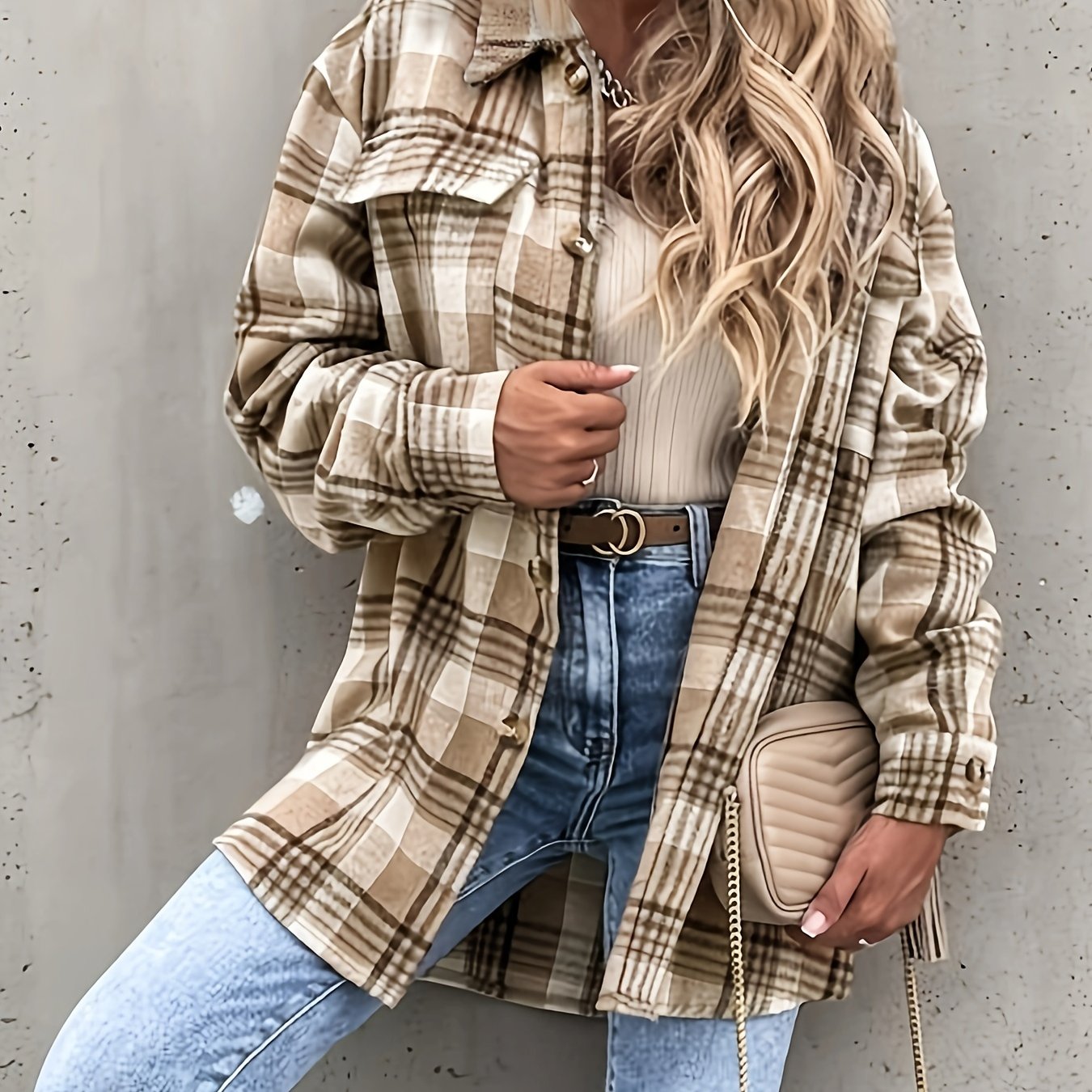 gbolsos  Preppy Button Plaid Drop Shoulder Jacket, Casual Long Sleeve Jacket For Fall & Winter, Women's Clothing