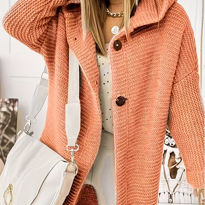gbolsos  Plus Size Casual Cardigan, Women's Plus Solid Button Slight Stretch Hooded Cardigan