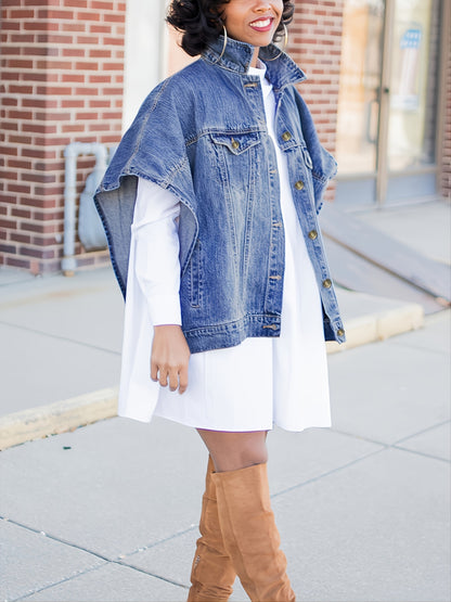gbolsos  Loose Denim Cloak Jackets, Women's Denim Poncho Cloak Cape, Washed Blue Denim Jackets, Denim Vest